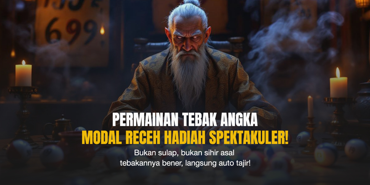 Seorang pria tua misterius di ruangan gelap dengan bola angka dan lilin, menggambarkan suasana mistis permainan togel.